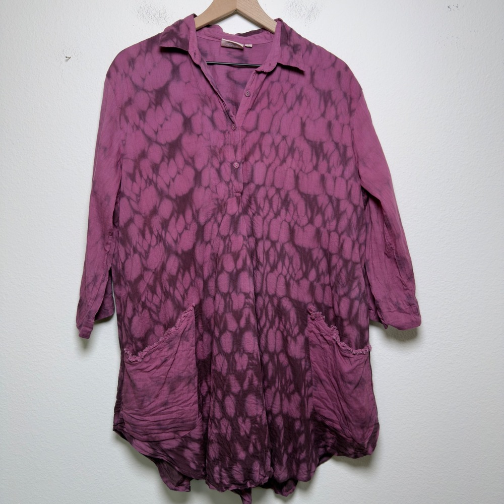 Lea Women 100% Organic Cotton Tunic Top Large Purple Tie Dye Pocket Lagenlook